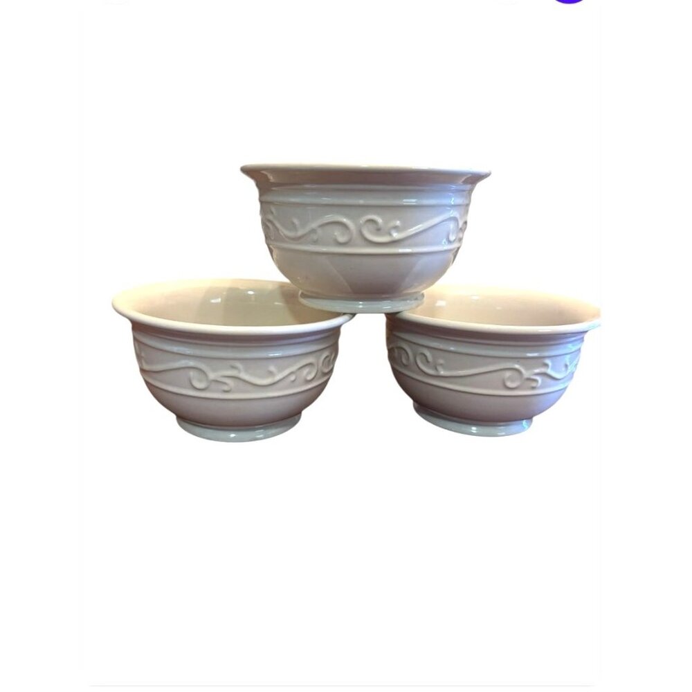 Celebrating Home Stoneware Ivory Embossed Swirl Bowls Set Of 3 Microwave Dishwas